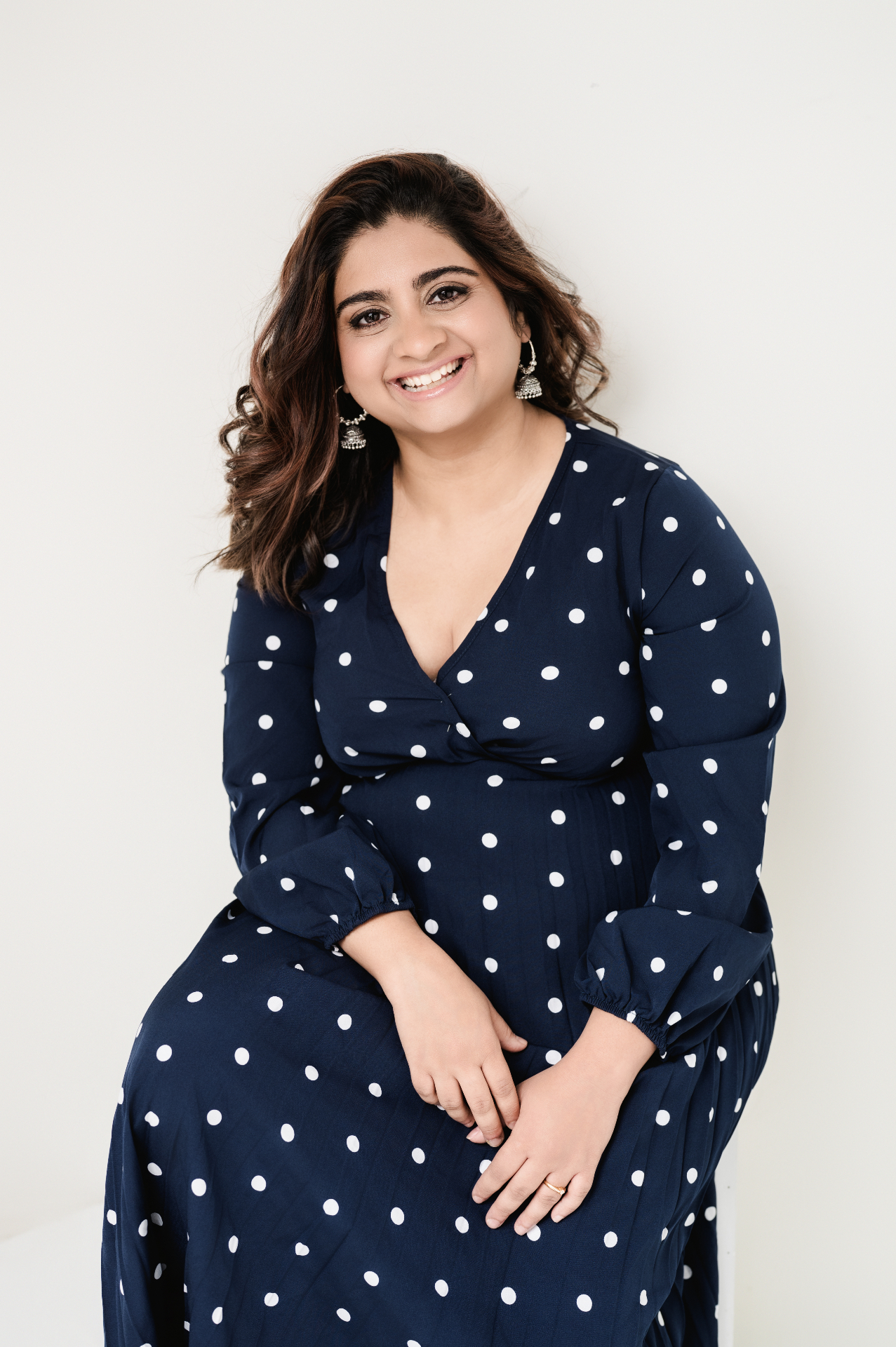 Boss Babe portrait — Shambavi in navy polka dot